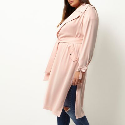 Plus pink tie waist duster trench coat